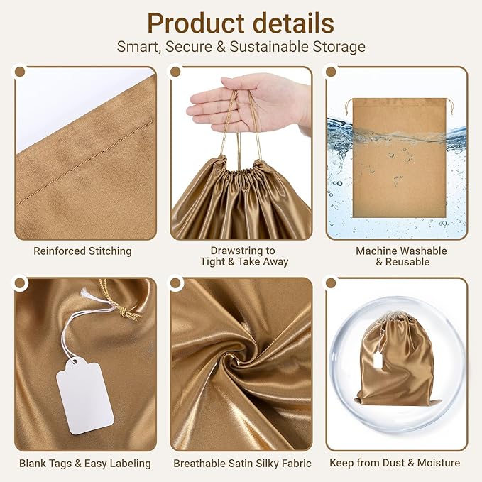 Ewen 3pcs Satin Drawstring Storage Pouch in Small Medium Large Sizes, Dustproof Packing Bag with Blank Tags for Closet Home Organization, Dark Brown Dustbags for Handbags Travel Essentials Shoes Purse