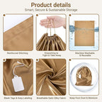 Ewen 3pcs Satin Drawstring Storage Pouch in Small Medium Large Sizes, Dustproof Packing Bag with Blank Tags for Closet Home Organization, Dark Brown Dustbags for Handbags Travel Essentials Shoes Purse