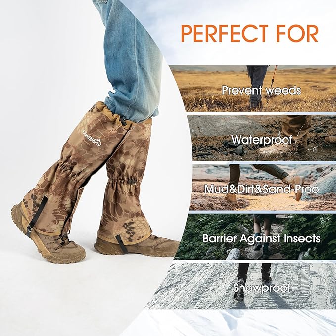 Waterproof Adjustable Leg Gaiters for Men and Women Snow Boot Gaiters for Hiking in Hunting Sand and Mud Mountain Climbing or Snowshoeing