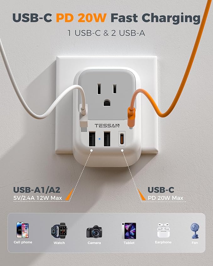 TESSAN Type E F Plug Adapter, Germany France Power Adapter with 3 USB Ports (1 USB C 20W), 4 AC Outlets Travel Adaptor for US to Europe EU Spain Iceland Korea Portugal Greece Russia German French