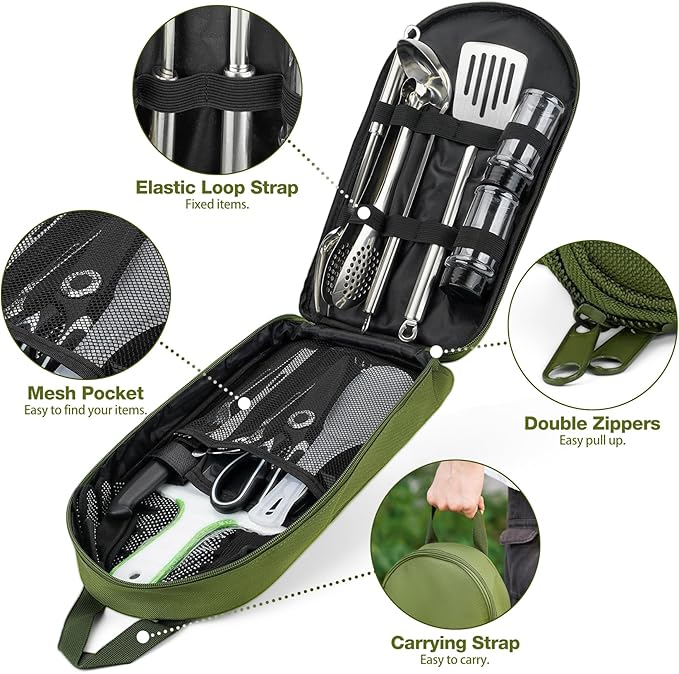Onlyfire Portable Camping Kitchen Utensil Set, 16 Piece Cookware Kit, Outdoor Cooking and Grilling Utensil Organizer Travel Set Perfect for Travel, Picnic, RV, Camping, Hiking, BBQ, Party, CT606