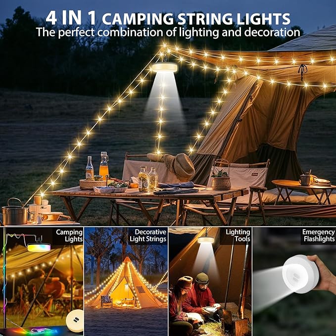 2Pack Camping String Lights, 4 in 1 Quick Storage Camping Essentials Gear 32.8FT Rechargeable Tent Lights with 9 Modes Warm +RGB Waterproof Camp Lamp for Hiking Patio Garden Festival Outdoor Decor
