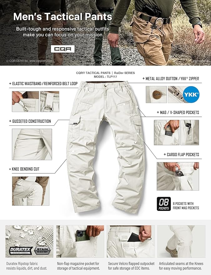 CQR Men's Tactical Pants, Water Resistant Ripstop Cargo Pants, Lightweight EDC Work Hiking Pants, Outdoor Apparel