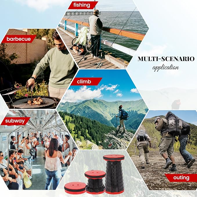 2 Pack Portable Telescoping Stools Collapsible Stool with Cushion,Retractable Foldingstool Max Load Capacity 400lbs, Portable Collapsible Stools for Camping Hiking Outdoor BBQ Black-Red