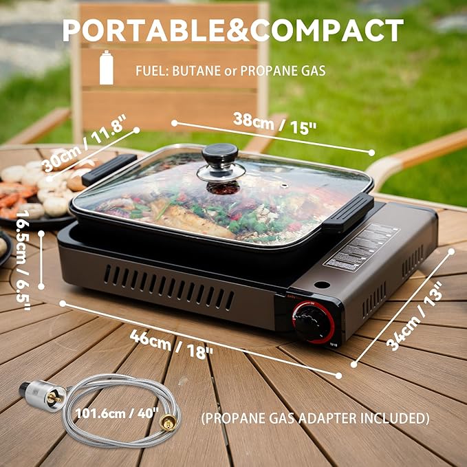ONLYFIRE Butane Stove with Grill Pan, Portable Stove with Small Griddle & Lid, Camping Stove Instant Ignition, Camp Stove for Cooking, Patio Backyard, Camping, RV and Emergency Use, GS349