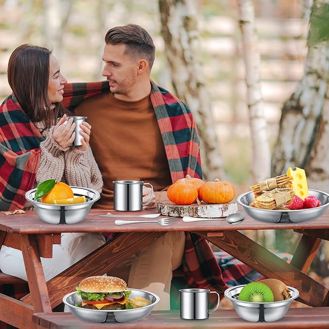 Lallisa Outdoor Camping Cookware Mess Kit Polished Stainless Steel Dishes Camping Utensils Portable Tableware with Plates Cups Spoons Forks Knives Mesh Bag for Backpacking Hiking