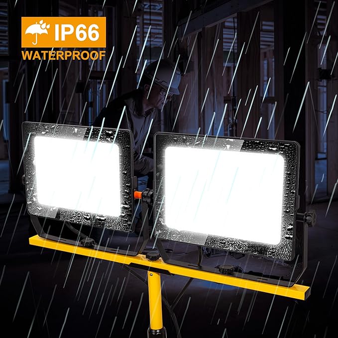 20000 Lumen Work Lights with Stand, 200W Dual Head LED Work Light, Waterproof Lamp with Individual Switch, Adjustable Metal Telescoping Tripod