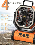 Battery Operated Fan Portable Battery Powered Camping Tent Fan with LED Lantern Light 20000mAh Rechargeable, Oscillating, 360° Rotating Hanging Hook, Cordless for Desk, Travel(Orange)