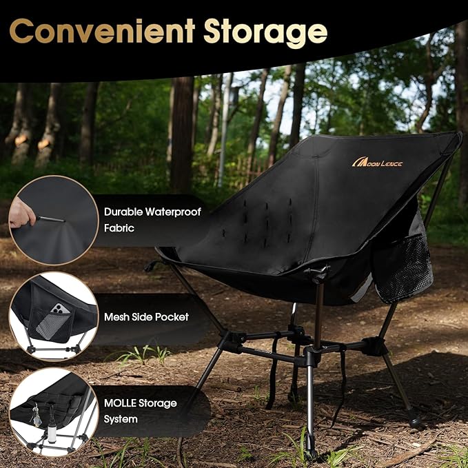 MOON LENCE Portable Camping Chair Plus, Upgraded Comfort & Size, Compact and Lightweight Still, Folding Chair for Backpacking & Hiking, 330Lbs Capacity (Black 2 Pack)