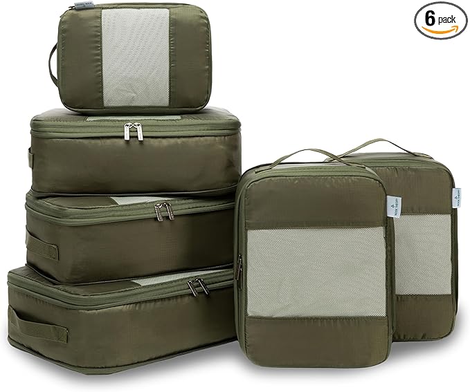 6-Pack Compression Packing Cubes Travel Essentials - Lightweight, Water-Resistant Luggage Organizer Bags with Handles, Durable Travel Accessories Suitcase Organizer (Olive)