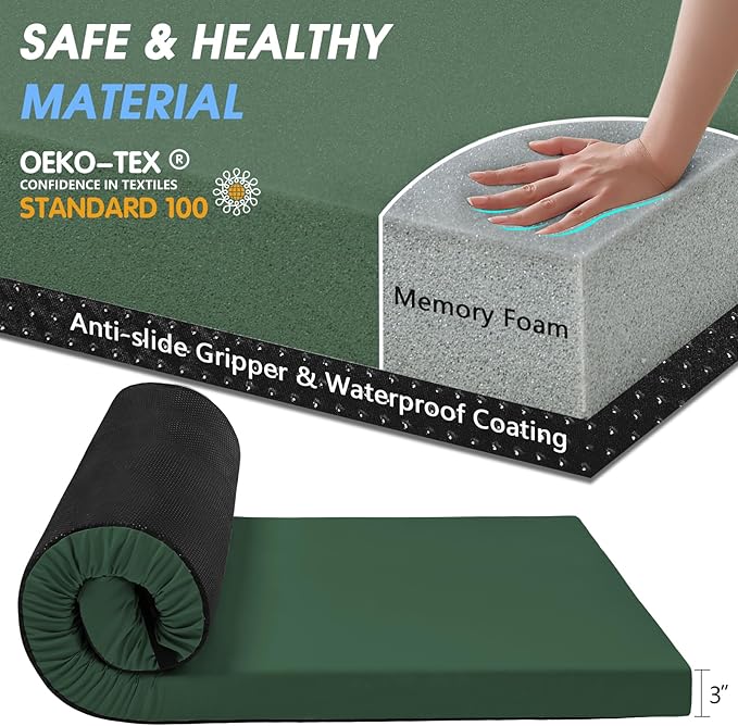 CYMULA Memory Foam Camping Mattress Pad,3inch Sleeping Pad for Camping,Non-Slip Bottom Floor Cot Car Mattress Bed with Retaining Portable Roll up Mattress Pad Mat for Travel Truck Guest Bed Tent
