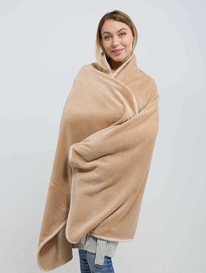 BlueHills Soft Long Travel Blankets 70X48 inches Large Plush Value Pack of 2 - Premium Airplane Travel Essential Flight Throw in a Bag Compact for Plane Travel Gift – Gray and Beige