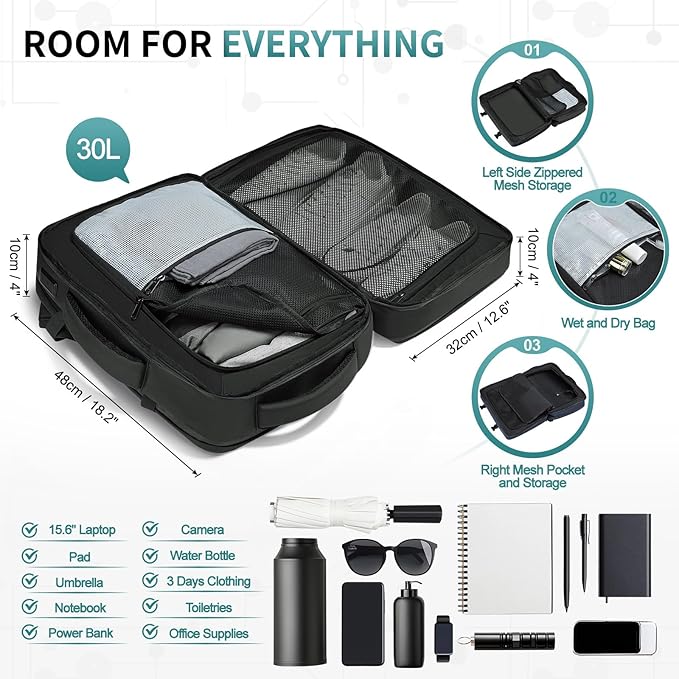 Lay Flat Carry on Travel Backpack, 30L Airline Approved, Fits 16" Laptop, USB-C & USB-A, Water Resistant, Black
