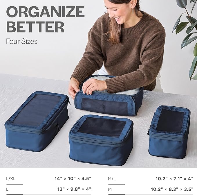 Compression Packing Cubes for Travel - Luggage Organizer Bags - Double Zipper Packing Cubes for Suitcases (4-Pack, Dark Blue)