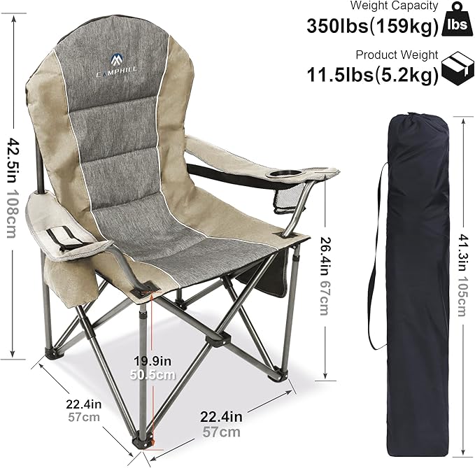 Folding Camping Chair:Oversized Portable Lawn Chairs for Adults,Outdoor Heavy Duty Padded Seats,Support 350 LBS,for Camp,Travel & Picnic