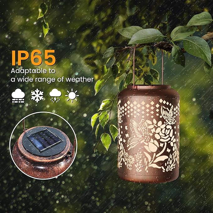 Waterproof Solar Lanterns - Butterfly & Rose Outdoor Lantern Gifts for Women Decorative Hanging LED Lights for Garden, Patio, Yard, Tabletop Auto On/Off Energy Efficient Warm Glow