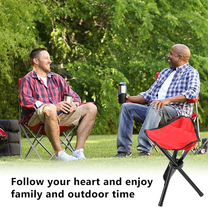 Travel Folding Camping Stool, 17.7 Inch Outdoor Tripod Seat Portable Fishing Chair Sturdy Three Legged Stool with Carry Strap for Camping Party Hiking Golf Mountaineering Picnic Beach, Red