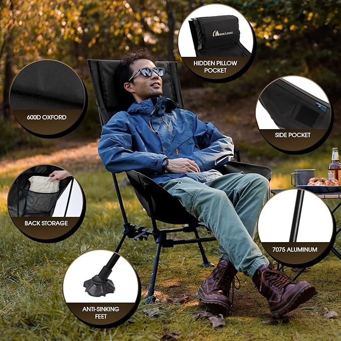 MOON LENCE Oversized Camping Chair with Pillow for Adults, Height Adjustable High-Back Folding Camping Chair with 400 lbs Capacity, Hidden Pillow Pocket for Camping, Hiking, Picnics, Black