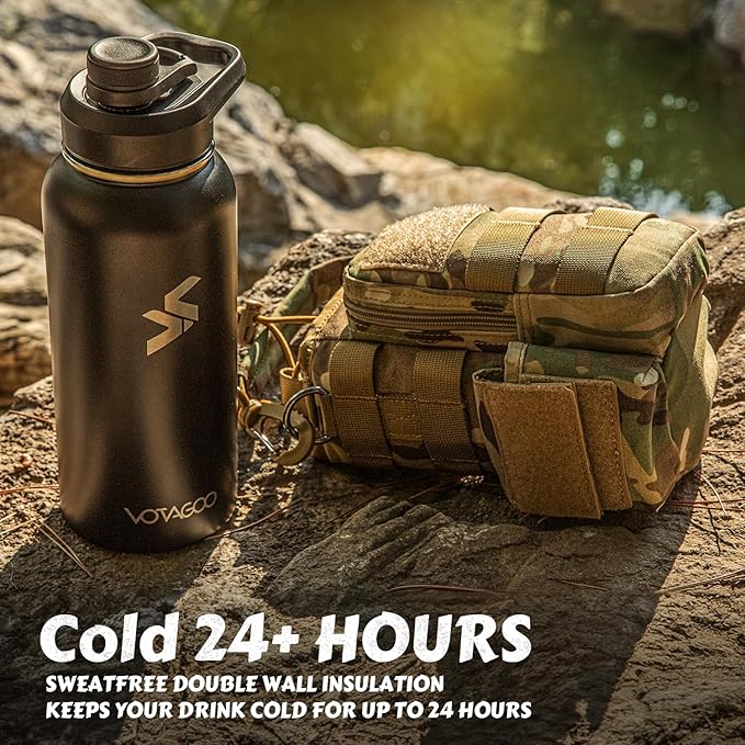 32 Oz Insulated Water Bottle - Stainless Steel Tactical Flask With Straw Lid & Chug Cap, Metal Military Water Bottle With Rugged, Removable Sleeve Can Place Items for Hiking Camping Hunting