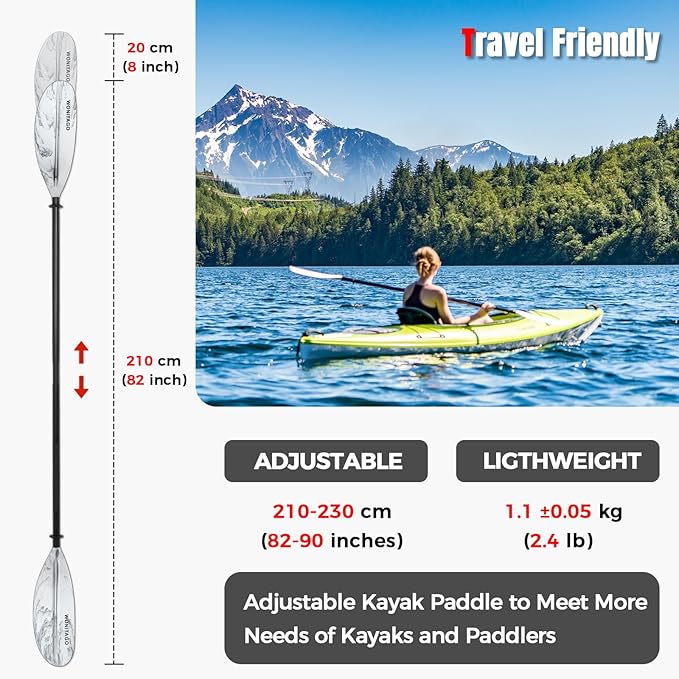 Kayak Paddles with Alloy Shaft and PP Blade, Floating Kayaking Oars, Adjustable 230-250 cm/90-98 Inches, 210-230 cm/82-90 Inches