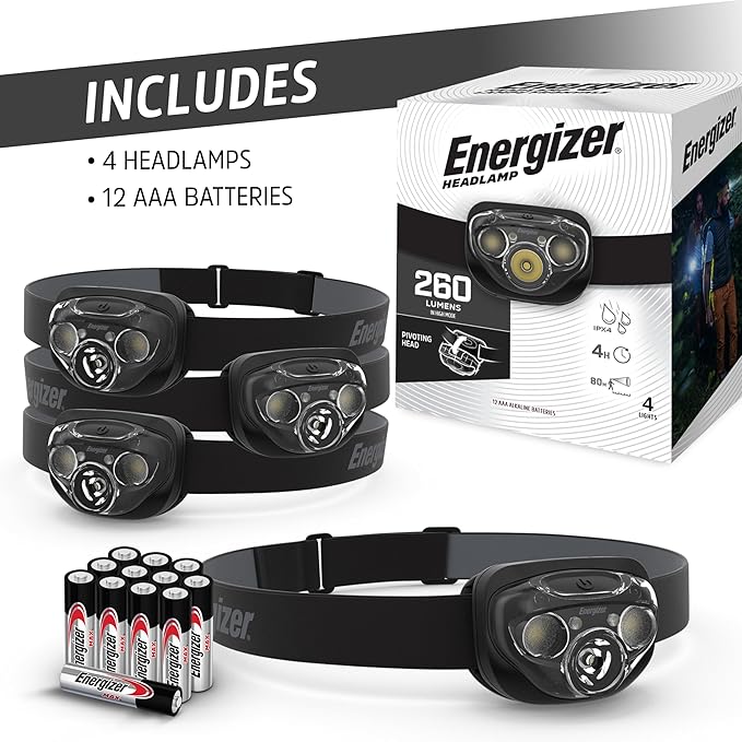 Energizer LED Headlamps PRO260 (4-Pack), IPX4 Water Resistant Headlamps, High-Performance Head Light for Outdoors, Camping, Running, Storm, Survival LED Light for Emergencies (Batteries Included)