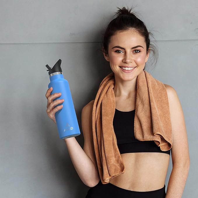 Stainless Steel Double Wall Water Bottles, Vacuum Insulated Bottle With Straw Lid, Insulated Water Bottle Keeps Water Cold for 24 Hours, Hot for 12 Hours, Hiking, Sports