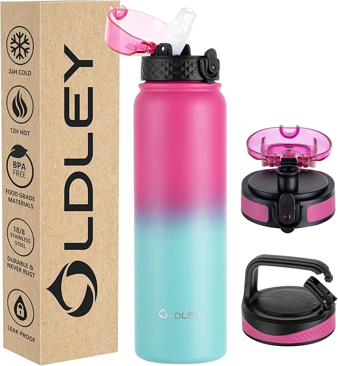 Oldley Insulated Water Bottle 32oz Water Bottles with Straw, Stainless Steel Water Bottle with 3 Lids, Double Wall Vacuum Bottles for Adult, Leak-proof Sports Bottles for School Travel, Rose Red-Green