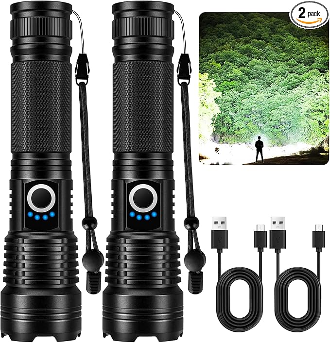 Rechargeable Flashlights 90,000 High Lumens - 2 Pack, Super Bright LED Flashlight Rechargeable with 5 Light Modes, High Powered & IPX7 Waterproof Flash Light for Camping, Home
