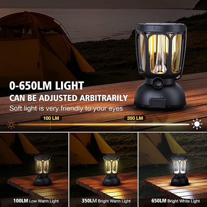 Raynic 6000 LED Camping Lantern Rechargeable, 650LM Hand Crank Solar Camping Light, Portable Battery Powered Lantern for Emergency, Power Outage, Hurricane, Outdoors
