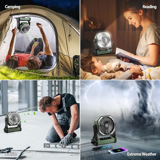 20000mAh Camping Fan, Rechargeable Battery Operated with 360° Rotatable Hook, 400 Lumes Light, 270° Pivot, 4 Speeds, 58Hrs Battery Powered Fan for Outdoor Tent Car Trip BBQ Hurricane Power Outages