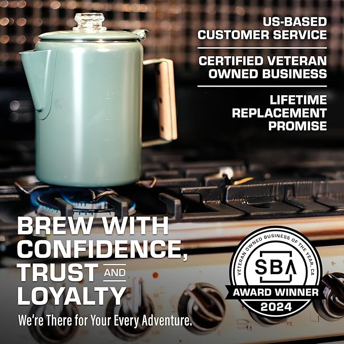 COLETTI Bozeman Camping Coffee Pot — Camping Coffee Makers, Coffee Percolator – America's Sleekest Percolator – NO Aluminum or Plastic (Camp Green)