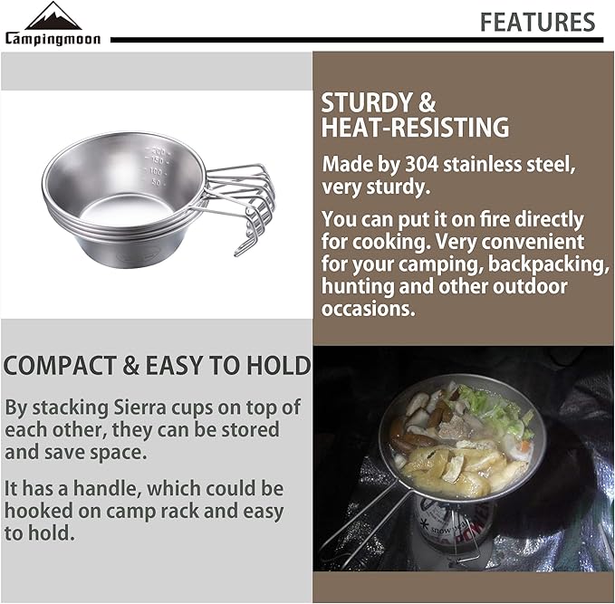 CAMPINGMOON 2pcs/4pcs Set Stainless Steel Camping Sierra Cup 310ml (4pcs Set)