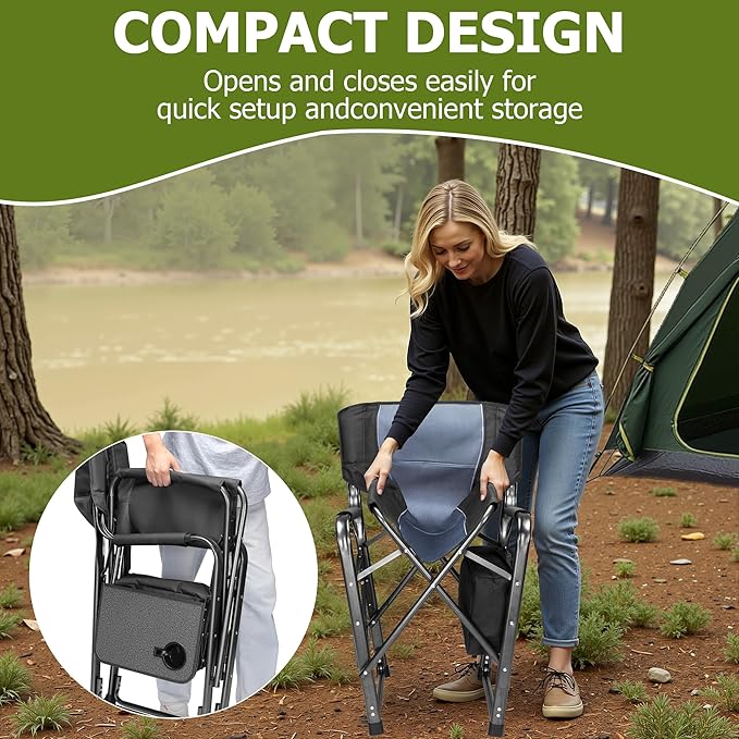 Oversized Camping Chairs,Heavy Duty Support 500 LBS,Directors Chair With Padded Back & Arm Sport Chairs With Cup Holder Cooler Bag, Collapsible Folding Chairs,Beach Chair for Outdoor, Fishing & Garden