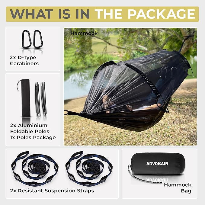 ADVOKAIR Camping Hammock with Mosquito Net Up to 500lbs, Ultralight and Portable Nylon Travel Hanging Hammock with Tree Straps, Perfect for Outside, Backpacking, Hiking and Backyard