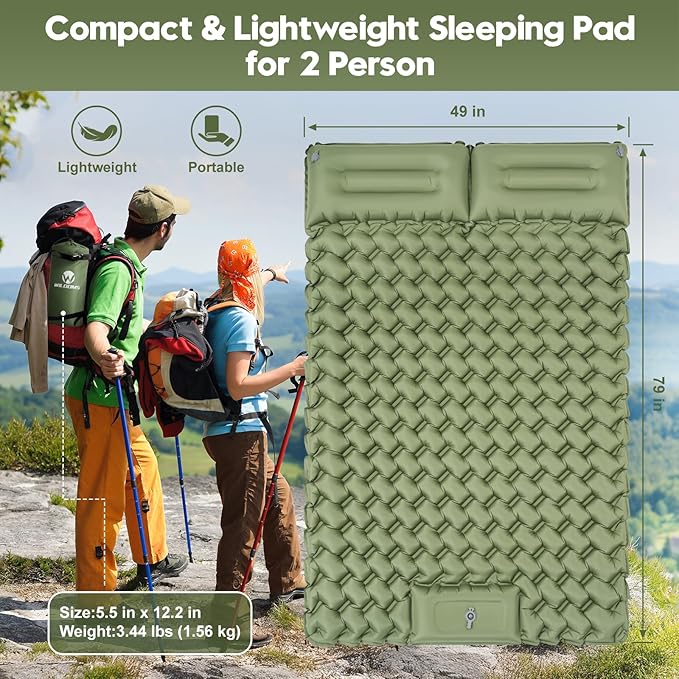Double Sleeping Pad for Camping – 4” Thick Inflatable Camping Mattress 2 Person, Built-in Foot Pump & Pillow, Ultralight Self-Inflating Camping Mat for Tent, Hiking, Backpacking, Traveling
