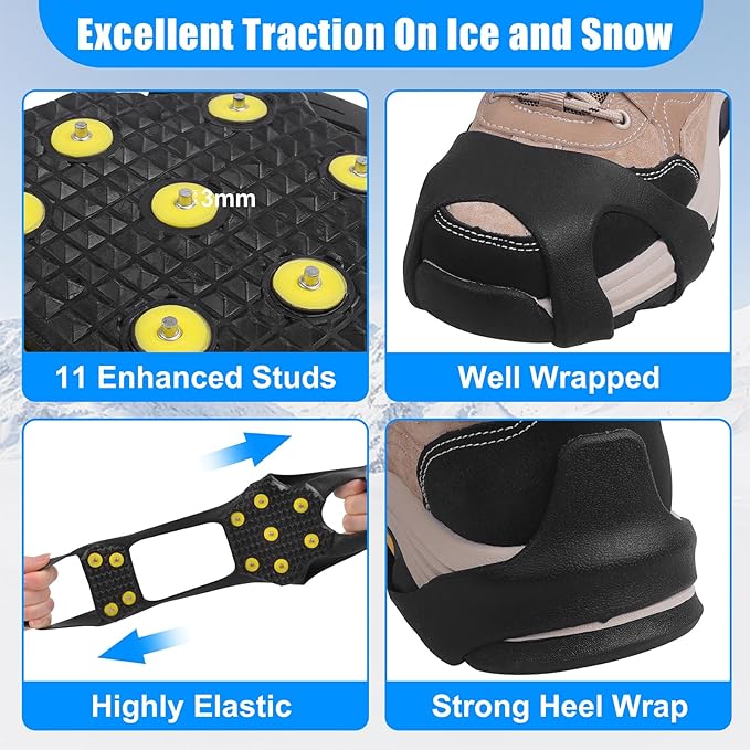 Ice Cleats Snow Traction Cleats for Shoes and Boots Anti Slip Crampons 11 Studs Rubber Walk Traction Grippers Non-Slip Overshoe for Women Men Walking on Snow and Ice