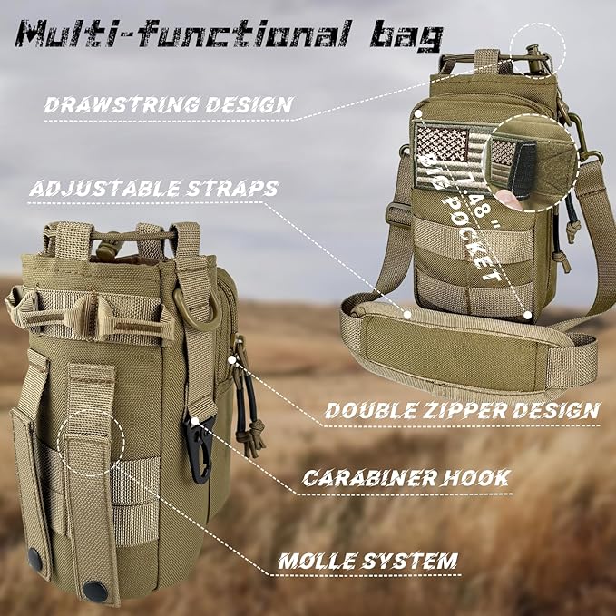 32 oz Insulated Water Bottle with Sleeve - Tactical Stainless Steel Metal Water Jug, Wide Mouth Gym Water Bottles for Men Sports Workout Hiking with Pouch Khaki