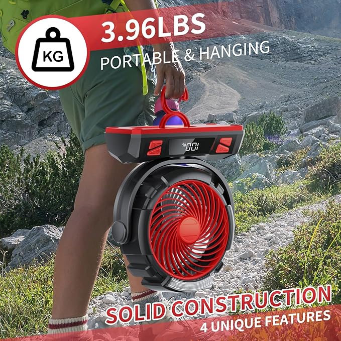 Camping LED Fan with Light, 40000mAh Rechargeable Battery Powered Outdoor Tent Fan with Light and Hook, 6 Speed, Personal USB Desk Fan for Camping, Fishing, Power Outage,Hurricane, Worksite