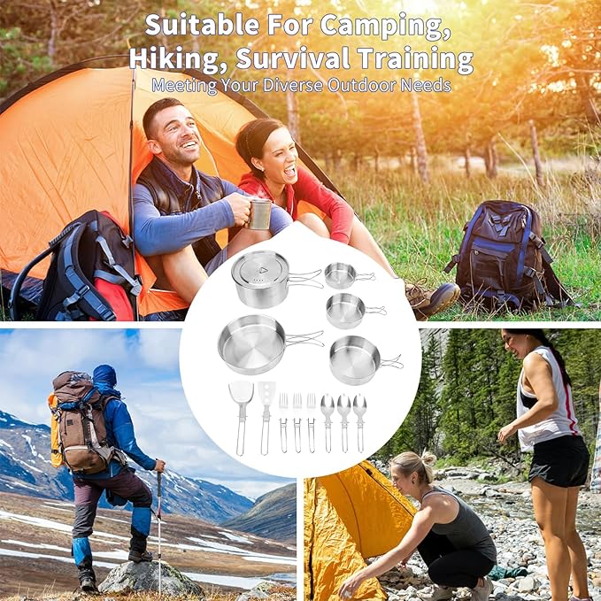 13 Piece Camping Cookware Set Stainless Steel Pots and Pans Set with Folding Forks Spoons Spatulas, Portable Lightweight Camping Mess Kit for Backpacking, Outdoor Cooking