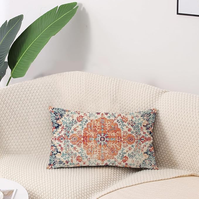 Outdoor Waterproof Pillow Covers - 12X20 Inch Set of 2, Bohemian Vintage Carpet Pattern, Orange Blue Ethnic Design, Decorative Farmhouse for Couch, Garden, Balcony