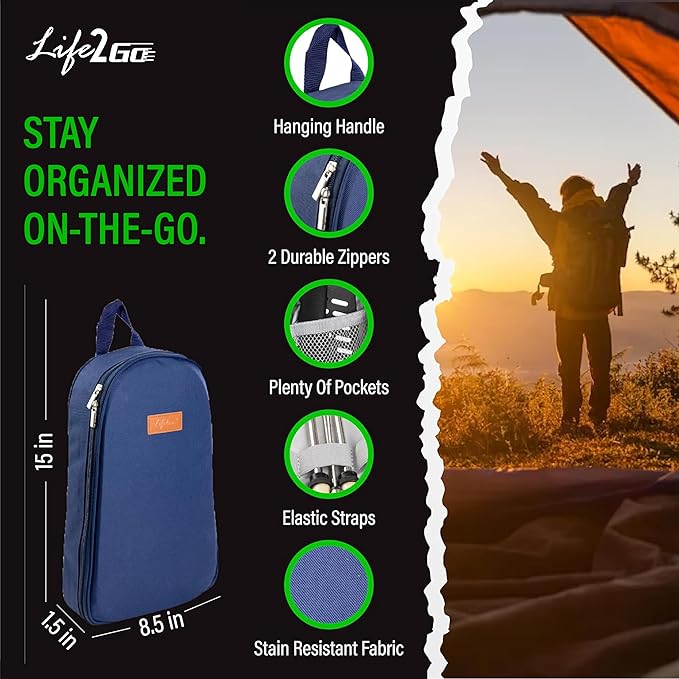 12 Pcs Camp Cooking Utensil Set & Outdoor Kitchen Gear Cookware Kit, Portable Compact Carry Case for Camping, Hiking, Travel, BBQ Grilling Stainless Steel Accessories Spoon & Fork, Navy