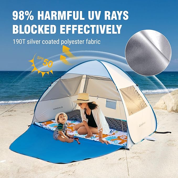 Pop Up Beach Tent for 4 Person with UPF 50+ Protection，Automatic Easy Setup Waterproof Beach Shade，Lightweight and Portable Beach Tent Sun Shelter - Light Blue