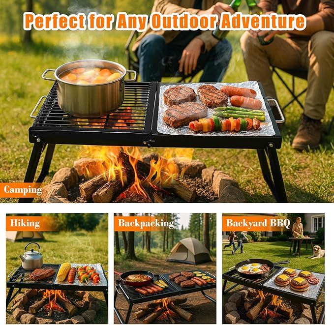Folding Campfire Grill,Enameled Coating Grate, Heavy Duty Camp Grill Grate, Portable Camping Grates Over Fire Pit, Campfire Grill Cooking Equipment with Carrying Bag for Outdoor Cooking