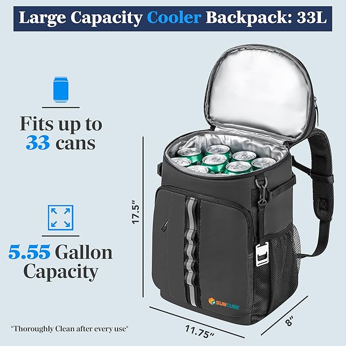 SUN CUBE Cooler Backpack 33 Can, Leakproof Insulated Backpack Cooler for Men Women, Camping Cooler Backpack for Beach Travel Hiking, Waterproof Lunch Backpack, Grey