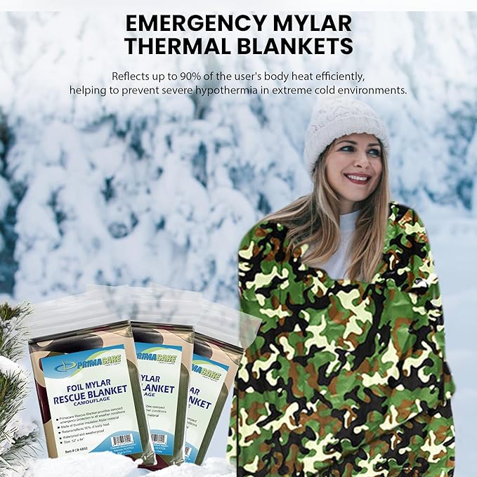Primacare CB-6842-10 Pack of 10 Emergency Foil Mylar Thermal Blanket Camouflage, 84" Length x 52" Width