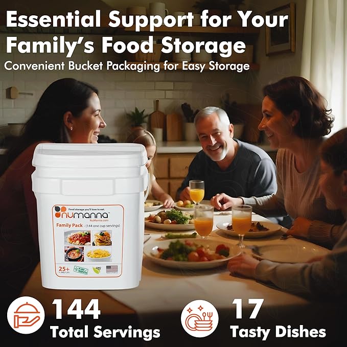 Numanna Family Pack Bucket 5,184 Servings 36-Months Emergency Meal Kit | Easy-to-Prepare, Non-GMO Freeze-Dried Survival Food | Everyday Meals in Resealable Pouches | Made in USA | 25+ Year Shelf Life
