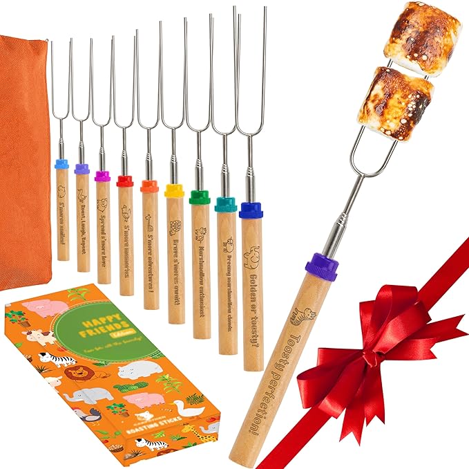 CARPATHEN Marshmallow Roasting Sticks Campfire - Set of 10pcs Smores Sticks With Beautifully Engraved Handles - Perfect as a Gift - Telescoping Stainless Steel Hot Dog Sticks Skewers