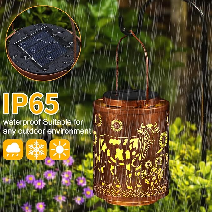 Solar Lanterns Garden Decor Birthday Gifts for Women Mon Grandma Metal Hanging Solar Lights Waterproof Outdoor Decoration for Outside LED Lanterns for Yard Patio Lawn (Cow)