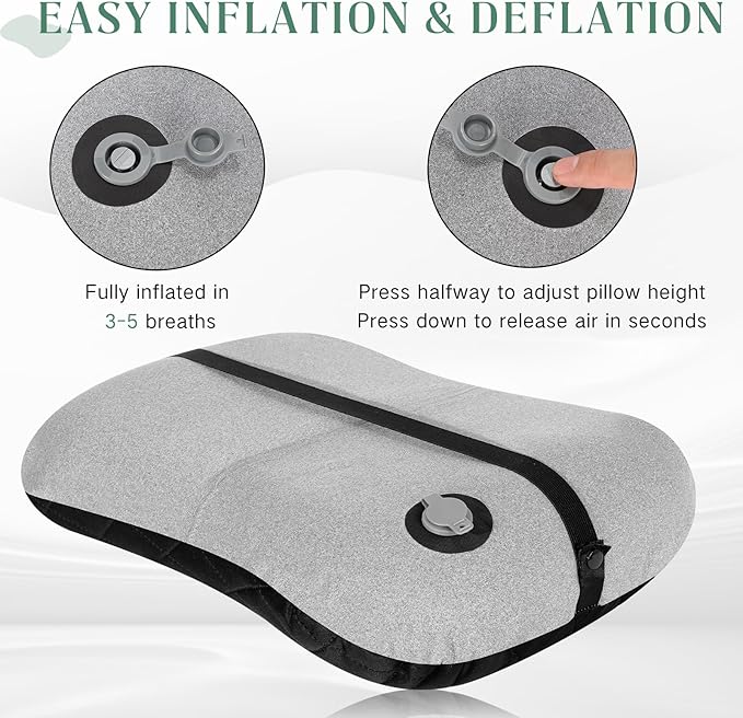 2 Pack Inflatable Travel Camping Pillow with Removable Cover Backpacking Blow up Neck Air Pillow Compressible for Lumbar Support Travel Hiking(Black,Grey)