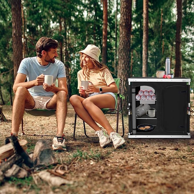 EAGLE PEAK Double Outdoor Folding Camping Table with Large 3-Tier Storage Organizer and Side Pockets, Easy Set Up Portable Aluminum Camping Kitchen, Black